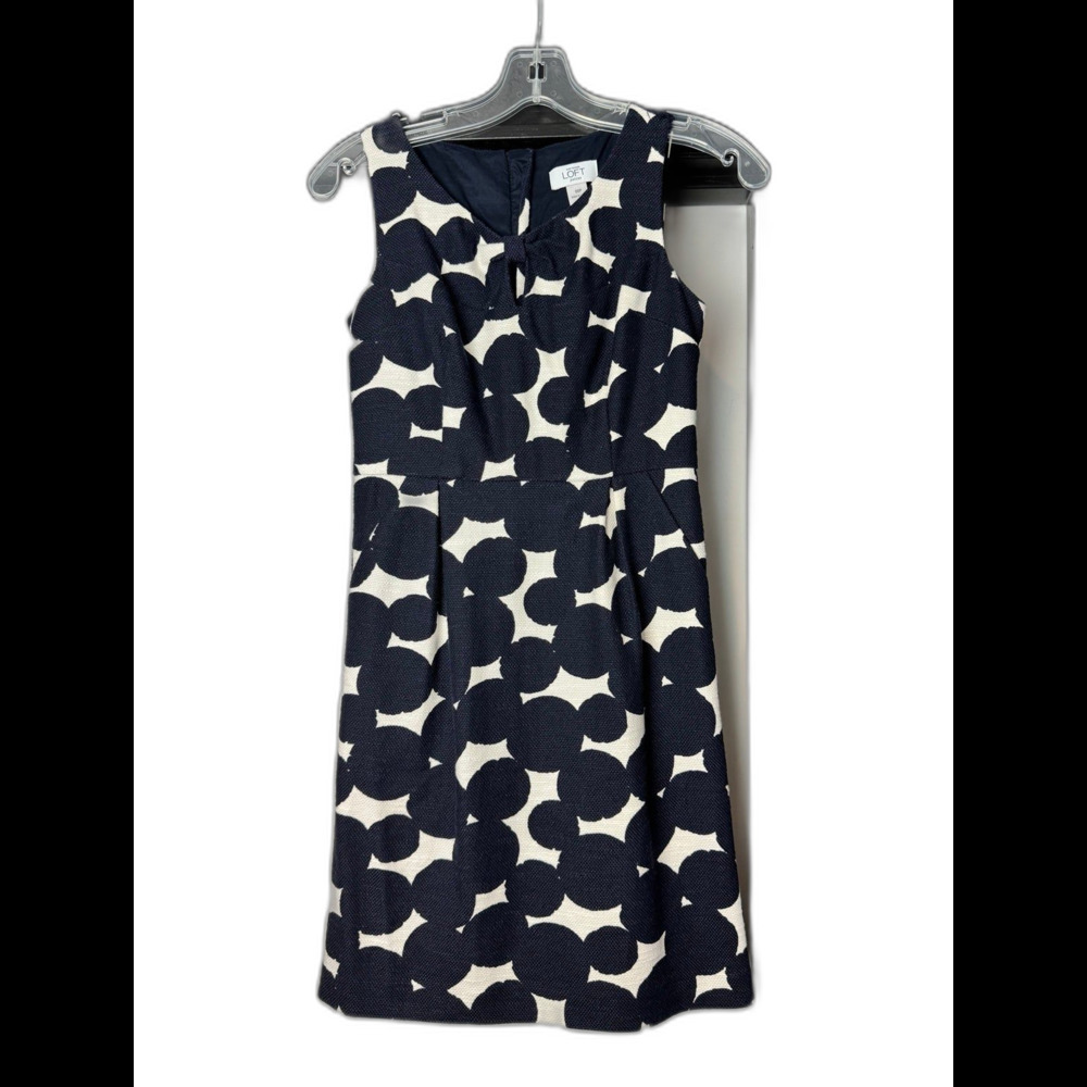 Ann Taylor Loft Women's Size 00P Linen Dress Polka Dot Navy White Knee Length